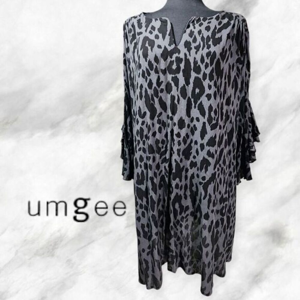 Umgee Leopard Print Flutter Bell Sleeve Tunic Dress Black/Grey XL
